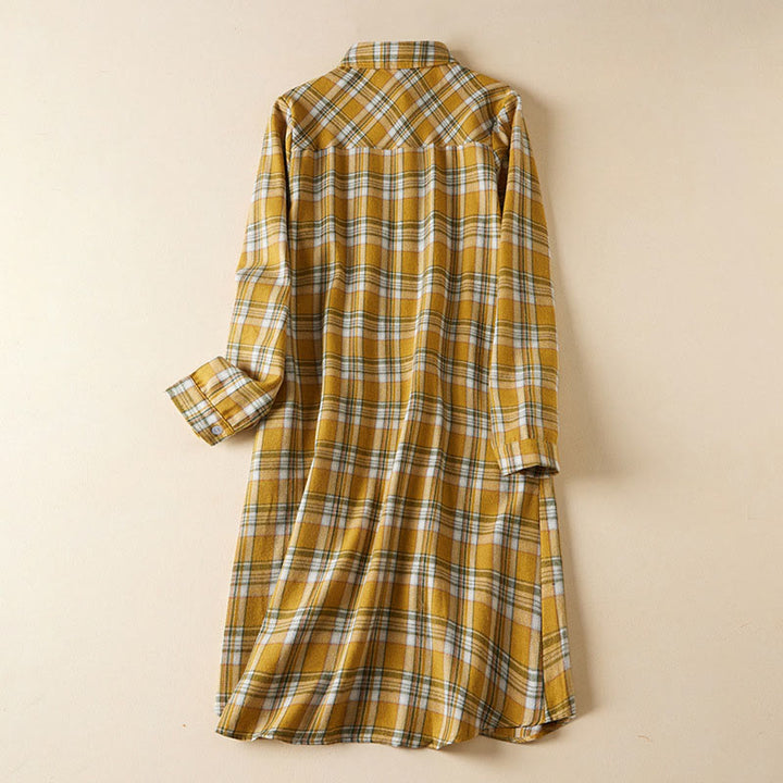 Buddha Stones Spring Color Contrast Plaid Pattern Lapel Long Sleeve Cotton Midi Dress With Pockets - Gold - US8-10,UK/AU12-14,EU40-42 (2XL) - image 10