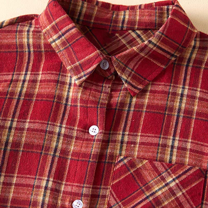 Buddha Stones Spring Color Contrast Plaid Pattern Lapel Long Sleeve Cotton Midi Dress With Pockets - image 2