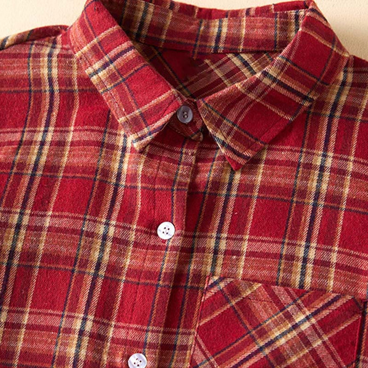 Buddha Stones Spring Color Contrast Plaid Pattern Lapel Long Sleeve Cotton Midi Dress With Pockets - image 2