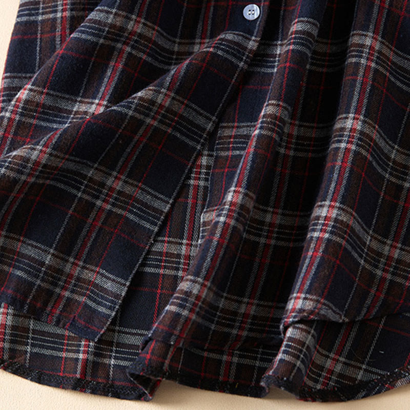 Buddha Stones Spring Color Contrast Plaid Pattern Lapel Long Sleeve Cotton Midi Dress With Pockets - image 29