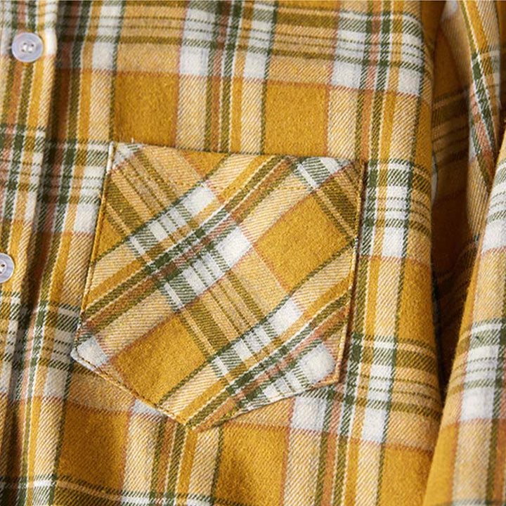 Buddha Stones Spring Color Contrast Plaid Pattern Lapel Long Sleeve Cotton Midi Dress With Pockets - image 14