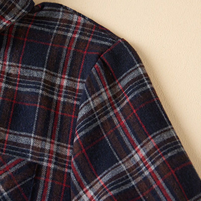 Buddha Stones Spring Color Contrast Plaid Pattern Lapel Long Sleeve Cotton Midi Dress With Pockets - image 24