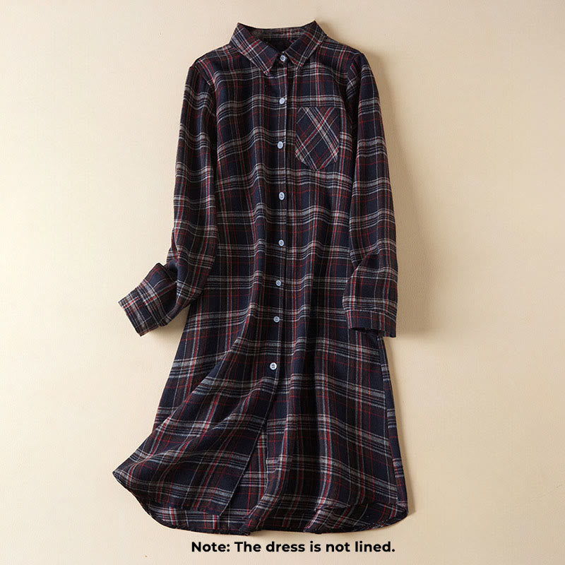 Buddha Stones Spring Color Contrast Plaid Pattern Lapel Long Sleeve Cotton Midi Dress With Pockets - image 21
