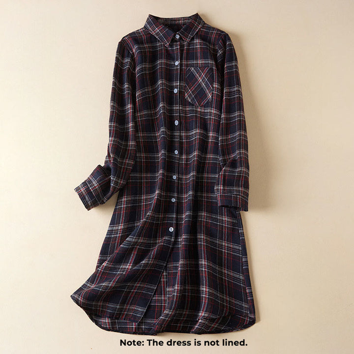Buddha Stones Spring Color Contrast Plaid Pattern Lapel Long Sleeve Cotton Midi Dress With Pockets - image 21