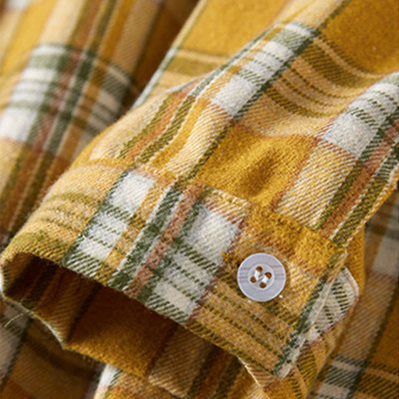 Buddha Stones Spring Color Contrast Plaid Pattern Lapel Long Sleeve Cotton Midi Dress With Pockets - image 16