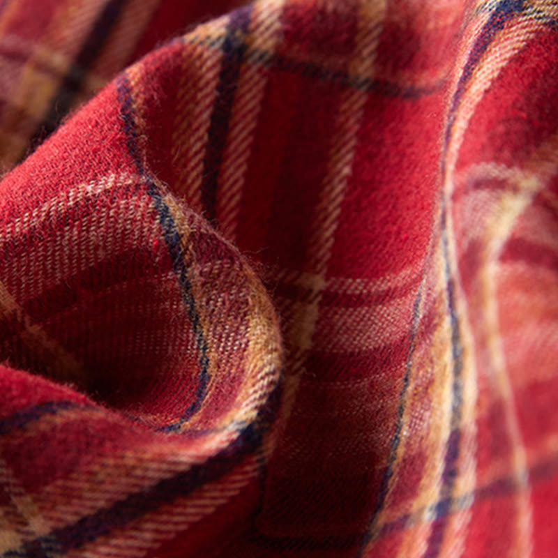 Buddha Stones Spring Color Contrast Plaid Pattern Lapel Long Sleeve Cotton Midi Dress With Pockets - image 5