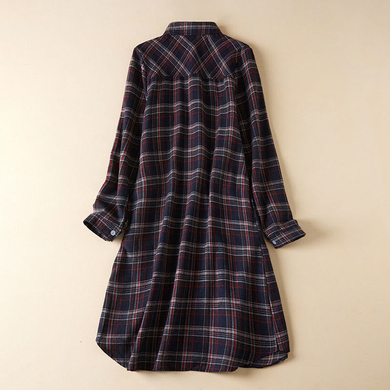 Buddha Stones Spring Color Contrast Plaid Pattern Lapel Long Sleeve Cotton Midi Dress With Pockets - MidnightBlue - US8-10,UK/AU12-14,EU40-42 (2XL) - image 20