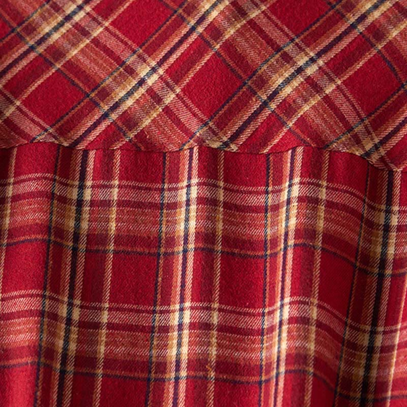 Buddha Stones Spring Color Contrast Plaid Pattern Lapel Long Sleeve Cotton Midi Dress With Pockets - image 3