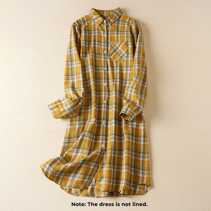 Buddha Stones Spring Color Contrast Plaid Pattern Lapel Long Sleeve Cotton Midi Dress With Pockets - image 11