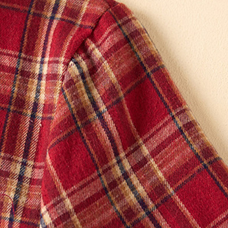 Buddha Stones Spring Color Contrast Plaid Pattern Lapel Long Sleeve Cotton Midi Dress With Pockets - image 6