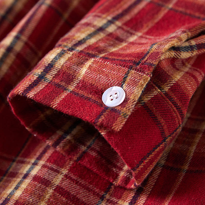 Buddha Stones Spring Color Contrast Plaid Pattern Lapel Long Sleeve Cotton Midi Dress With Pockets - image 7