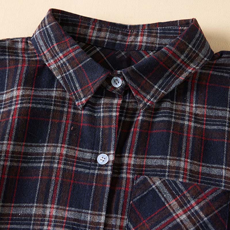 Buddha Stones Spring Color Contrast Plaid Pattern Lapel Long Sleeve Cotton Midi Dress With Pockets - image 22