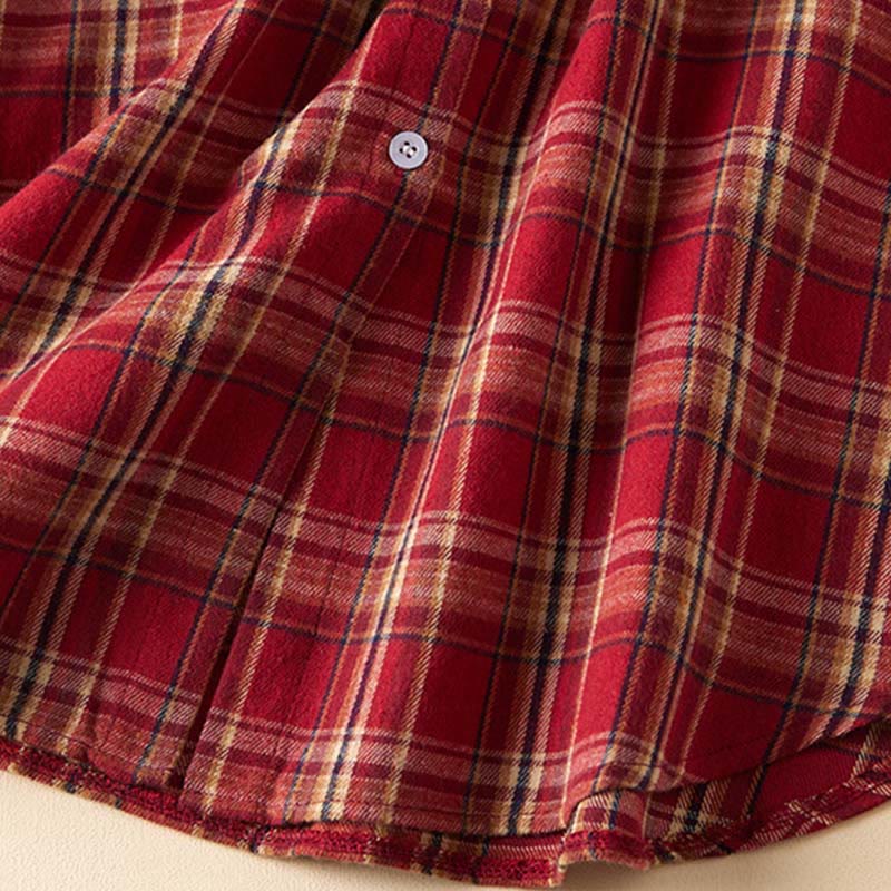 Buddha Stones Spring Color Contrast Plaid Pattern Lapel Long Sleeve Cotton Midi Dress With Pockets - image 9