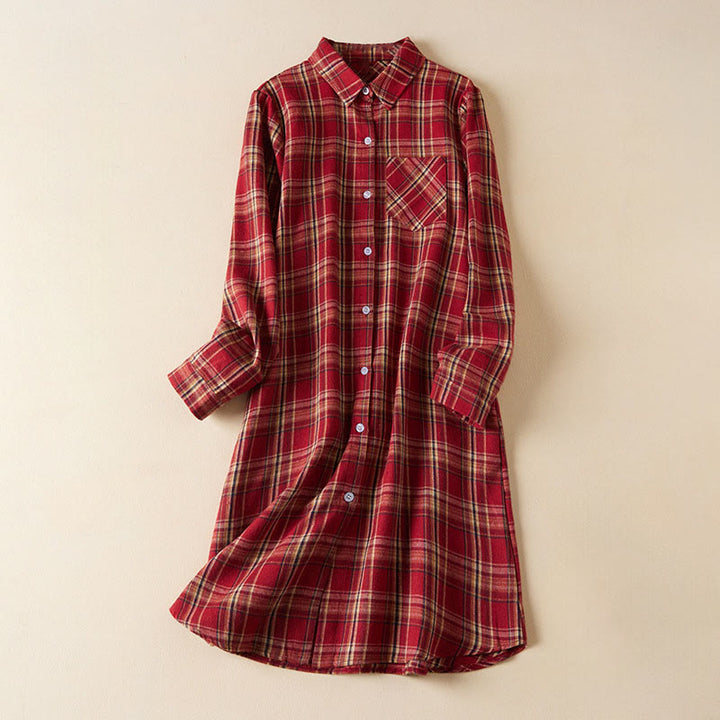 Buddha Stones Spring Color Contrast Plaid Pattern Lapel Long Sleeve Cotton Midi Dress With Pockets - Crimson - US8-10,UK/AU12-14,EU40-42 (2XL) - image 0