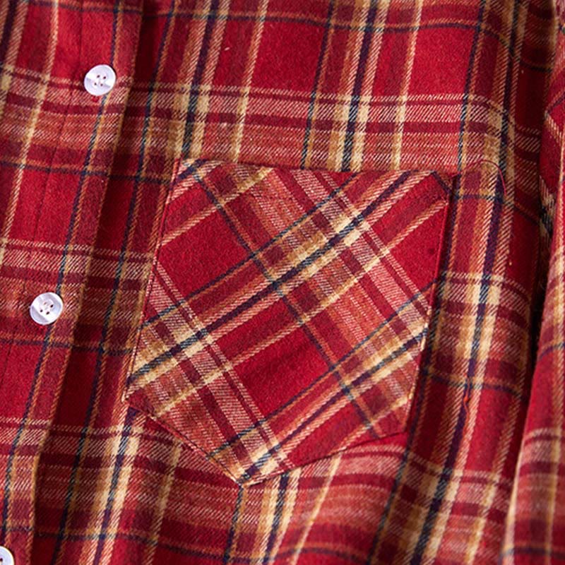 Buddha Stones Spring Color Contrast Plaid Pattern Lapel Long Sleeve Cotton Midi Dress With Pockets - image 4