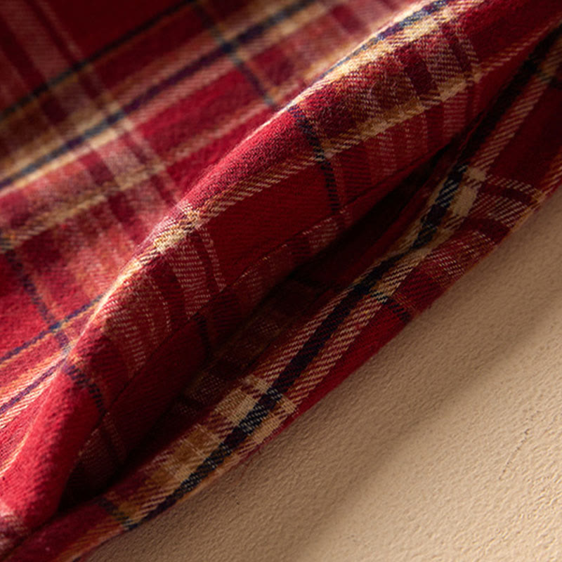 Buddha Stones Spring Color Contrast Plaid Pattern Lapel Long Sleeve Cotton Midi Dress With Pockets - image 8