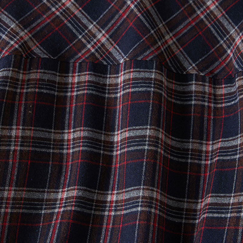 Buddha Stones Spring Color Contrast Plaid Pattern Lapel Long Sleeve Cotton Midi Dress With Pockets - image 23