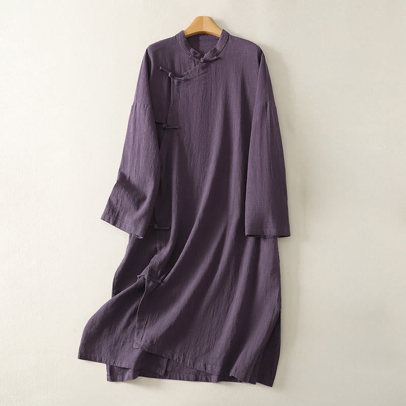 Buddha Stones Vintage Plain Frog Buttons Asymmetrical Design Long Sleeve Cotton Linen Midi Dress - Purple - US12,UK/AU16,EU44 (2XL) - image 6