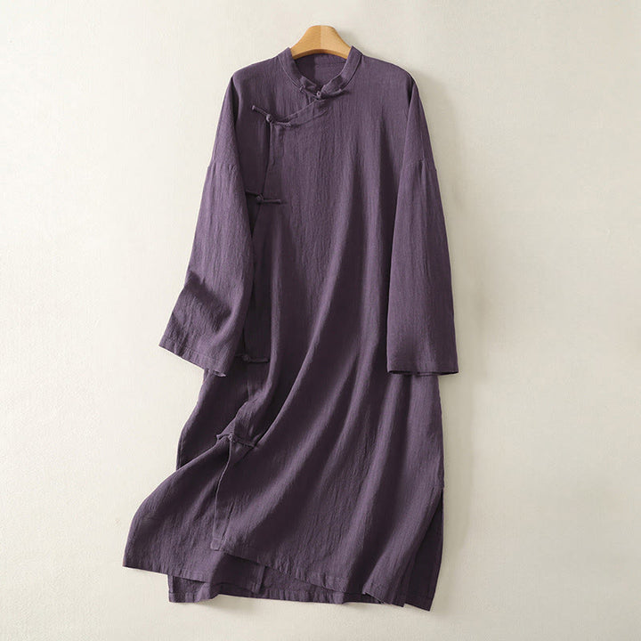 Buddha Stones Vintage Plain Frog Buttons Asymmetrical Design Long Sleeve Cotton Linen Midi Dress - Purple - US12,UK/AU16,EU44 (2XL) - image 6