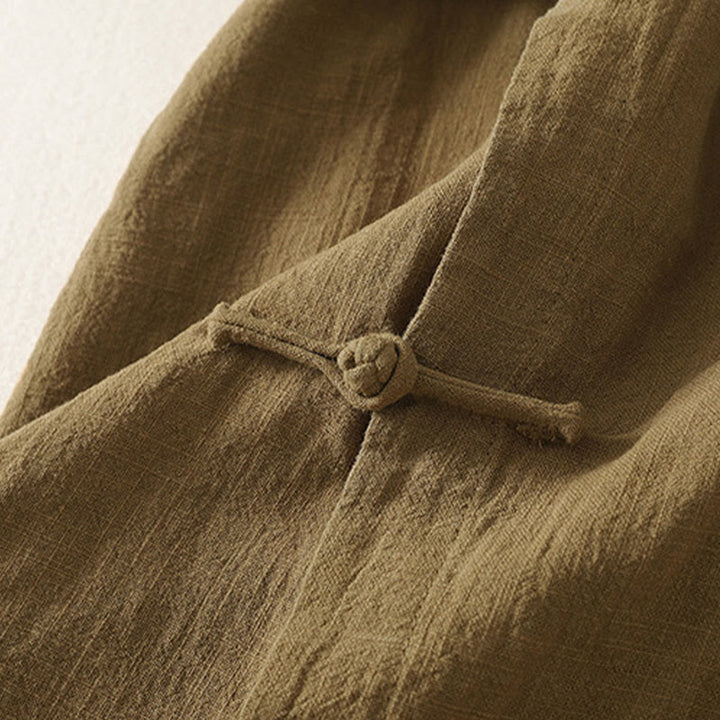 Buddha Stones Vintage Plain Frog Buttons Asymmetrical Design Long Sleeve Cotton Linen Midi Dress - image 4