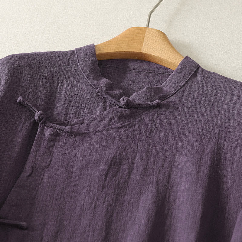 Buddha Stones Vintage Plain Frog Buttons Asymmetrical Design Long Sleeve Cotton Linen Midi Dress - image 8