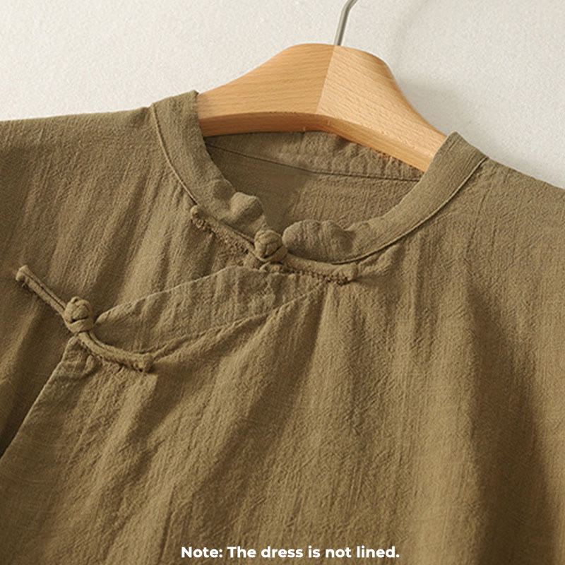 Buddha Stones Vintage Plain Frog Buttons Asymmetrical Design Long Sleeve Cotton Linen Midi Dress - image 2