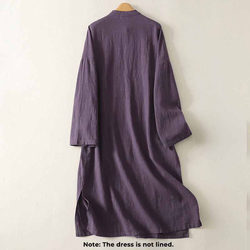 Buddha Stones Vintage Plain Frog Buttons Asymmetrical Design Long Sleeve Cotton Linen Midi Dress - image 7