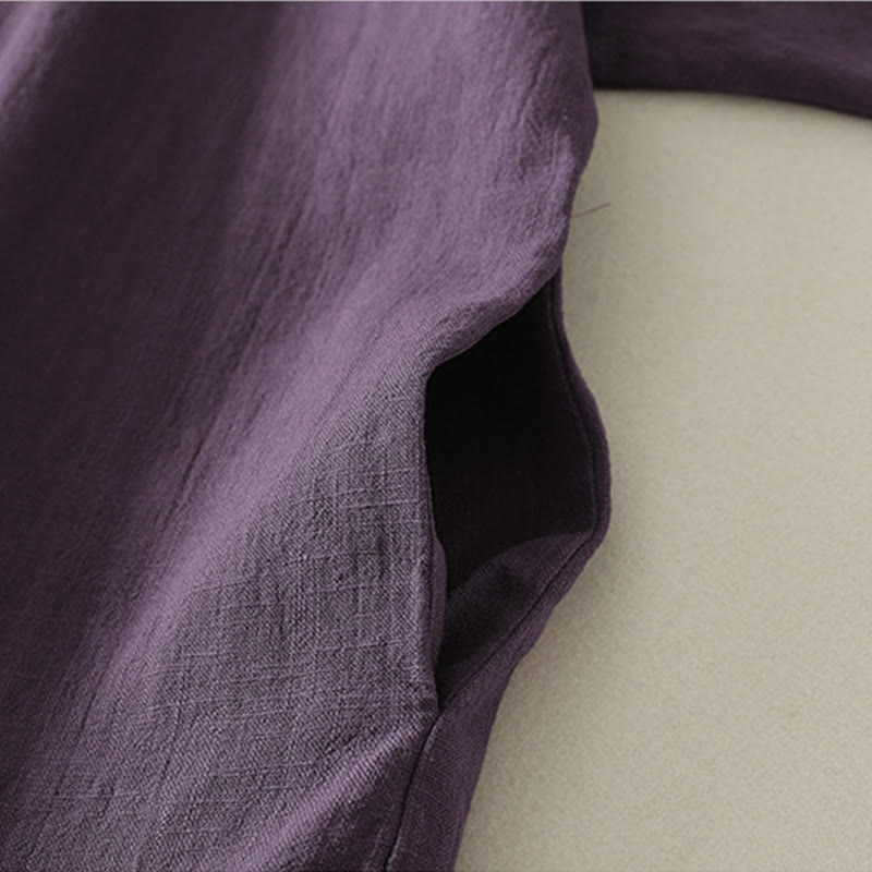 Buddha Stones Vintage Plain Frog Buttons Asymmetrical Design Long Sleeve Cotton Linen Midi Dress - image 13