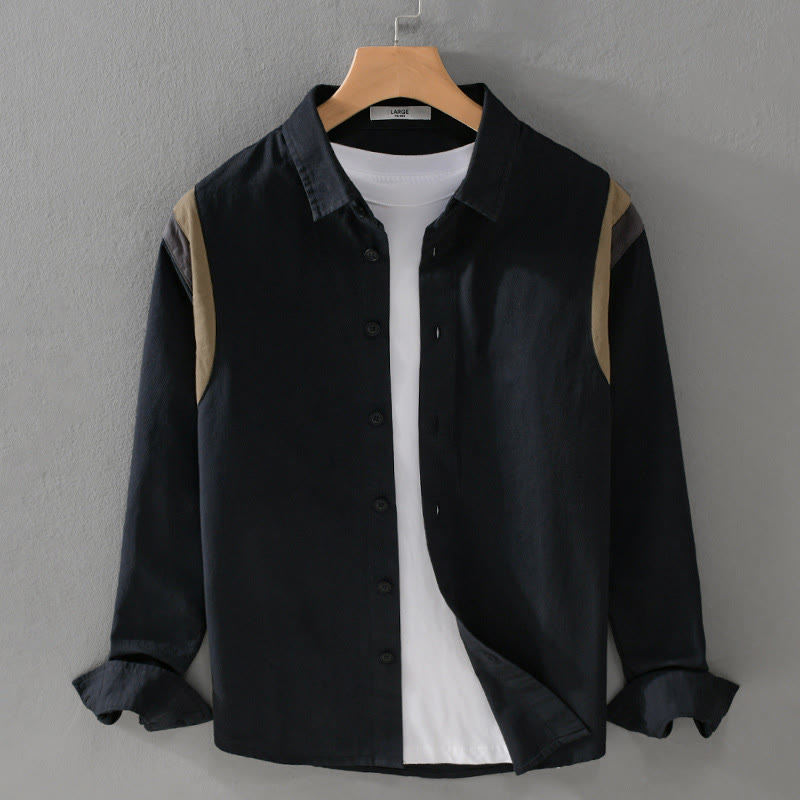 Buddha Stones Spring Color Contrast Patchwork Design Long Sleeve Men Cotton Shirt Clothing - Black - US/UK/AU42,EU52 (3XL) - image 7