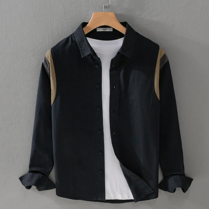 Buddha Stones Spring Color Contrast Patchwork Design Long Sleeve Men Cotton Shirt Clothing - Black - US/UK/AU42,EU52 (3XL) - image 7