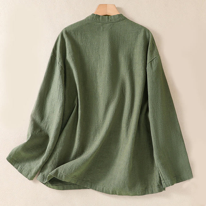 Buddha Stones Casual Buttons Crew Neck Cotton Women's Long Sleeve Shirt With Pockets - image 1