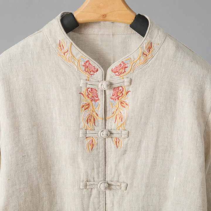 Buddha Stones Embroidery Flower Long Sleeve Frog-buttons Cotton Women's Shirt - image 8
