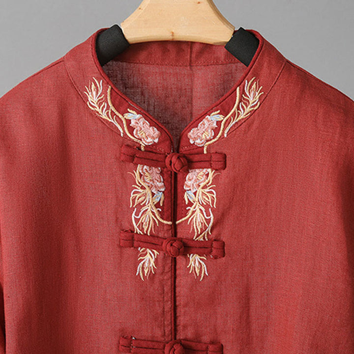 Buddha Stones Embroidery Flower Long Sleeve Frog-buttons Cotton Women's Shirt - image 17