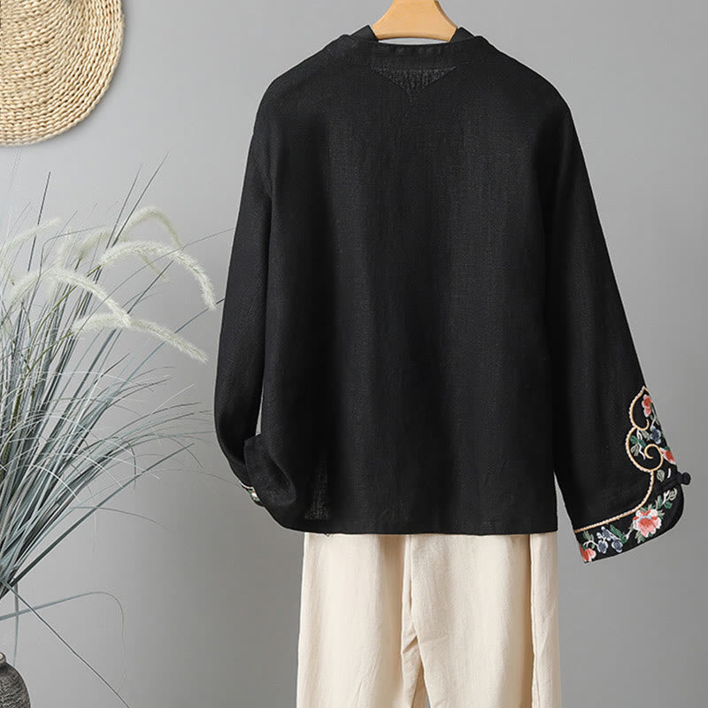 Buddha Stones Embroidery Flower Long Sleeve Frog-buttons Cotton Women's Shirt - image 19