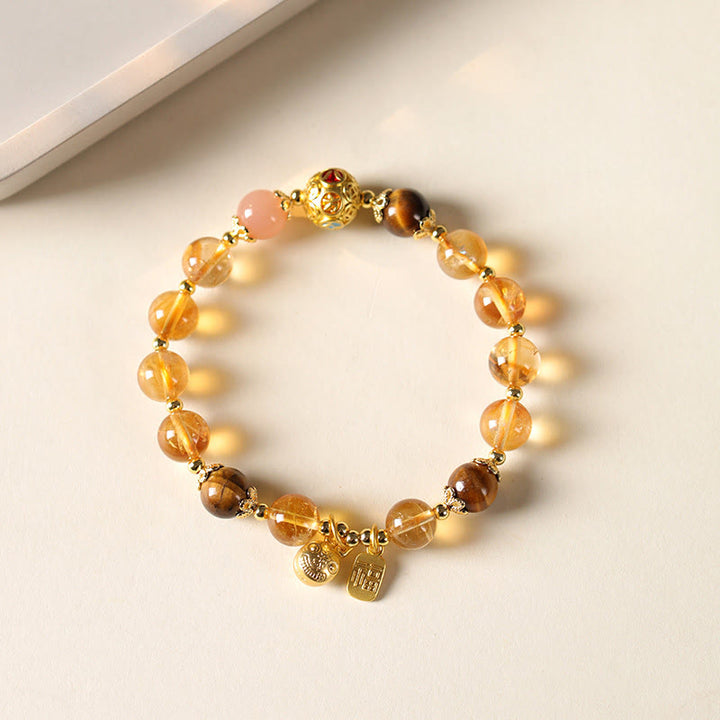 Buddha Stones Natural Citrine Fu Character Lucky Beast Prosperity Bracelet - Citrine & Tiger Eye(Wrist Circumference: 15-16cm) - image 0