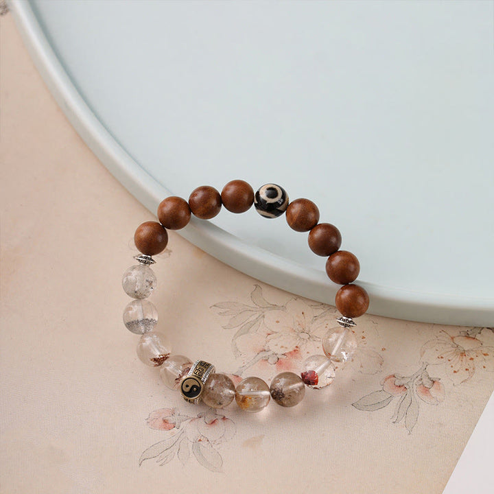 Buddha Stones Lightning Struck Wood Red Phantom Yin Yang Protection Bracelet - Lightning Struck Jujube Wood & Red Phantom(Wrist Circumference: 15-16cm) - image 0