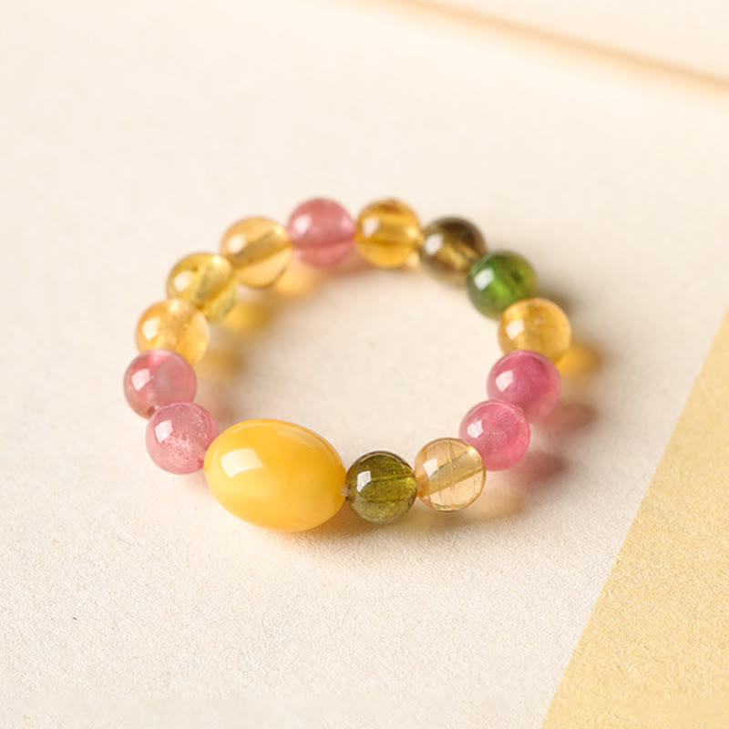 Buddha Stones Natural Tourmaline Lucky Pearl Pixiu Amber Positive Love Ring - image 11