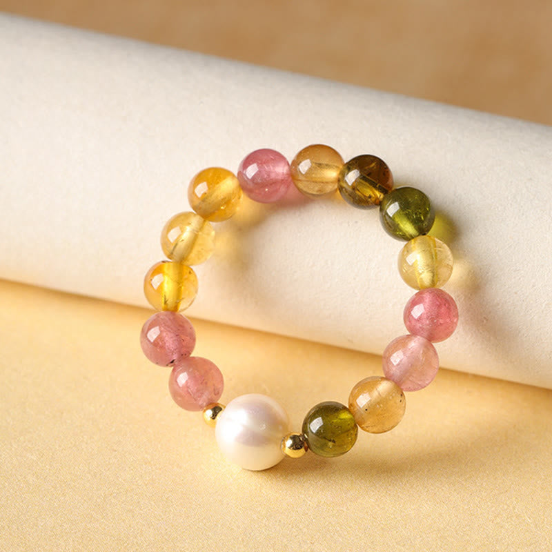 Buddha Stones Natural Tourmaline Lucky Pearl Pixiu Amber Positive Love Ring - image 1