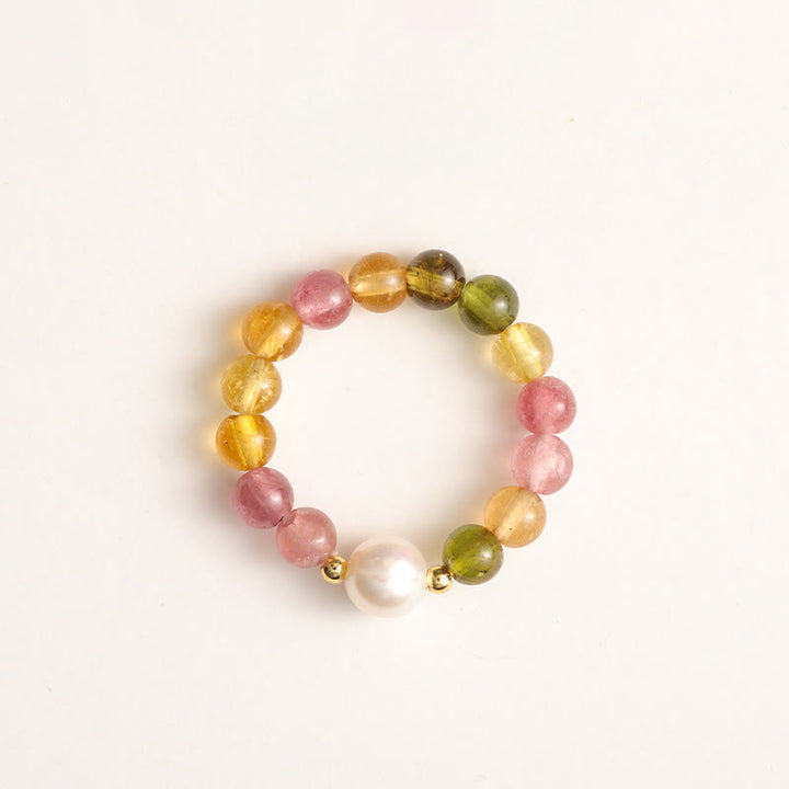 Buddha Stones Natural Tourmaline Lucky Pearl Pixiu Amber Positive Love Ring - Tourmaline & Pearl - image 0