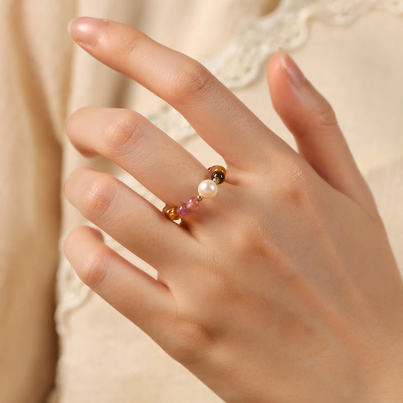 Buddha Stones Natural Tourmaline Lucky Pearl Pixiu Amber Positive Love Ring - image 2