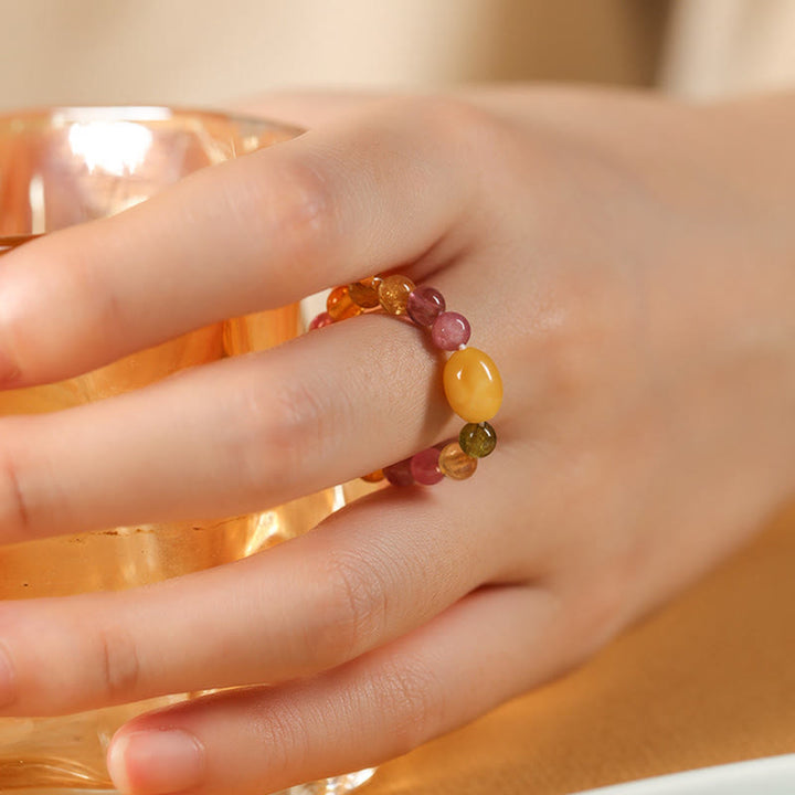 Buddha Stones Natural Tourmaline Lucky Pearl Pixiu Amber Positive Love Ring - image 13