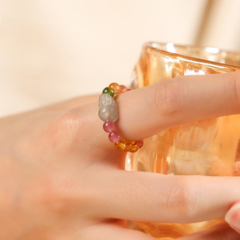 Buddha Stones Natural Tourmaline Lucky Pearl Pixiu Amber Positive Love Ring - image 7