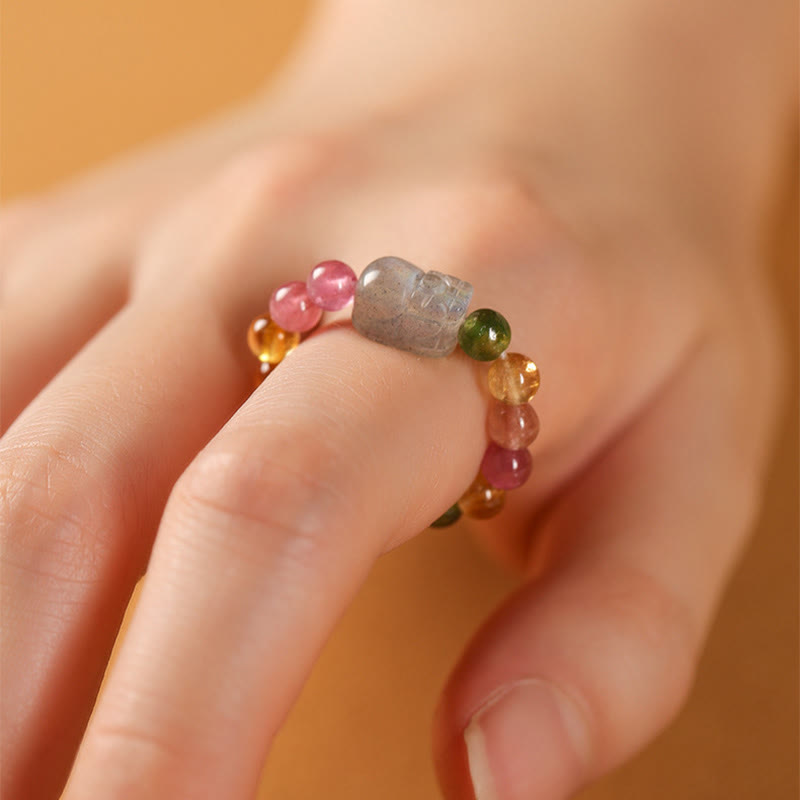 Buddha Stones Natural Tourmaline Lucky Pearl Pixiu Amber Positive Love Ring - image 8