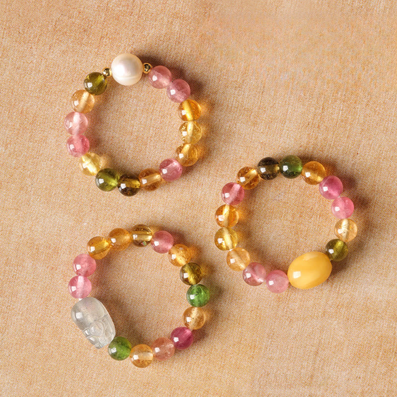 Buddha Stones Natural Tourmaline Lucky Pearl Pixiu Amber Positive Love Ring - image 14