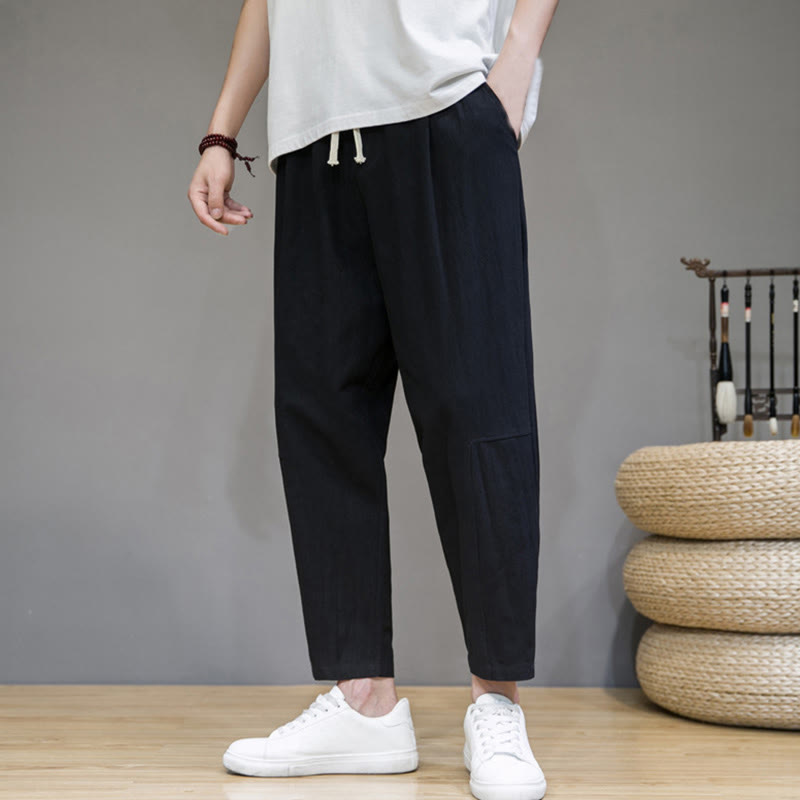 Buddha Stones Casual Pure Color Tapered Design Men's Cotton Linen Drawstring Pants With Pockets - Black - US/UK/AU46,EU56 (5XL) - image 4