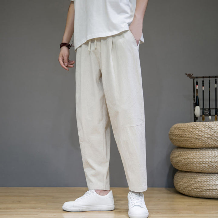 Buddha Stones Casual Pure Color Tapered Design Men's Cotton Linen Drawstring Pants With Pockets - Beige - US/UK/AU46,EU56 (5XL) - image 15