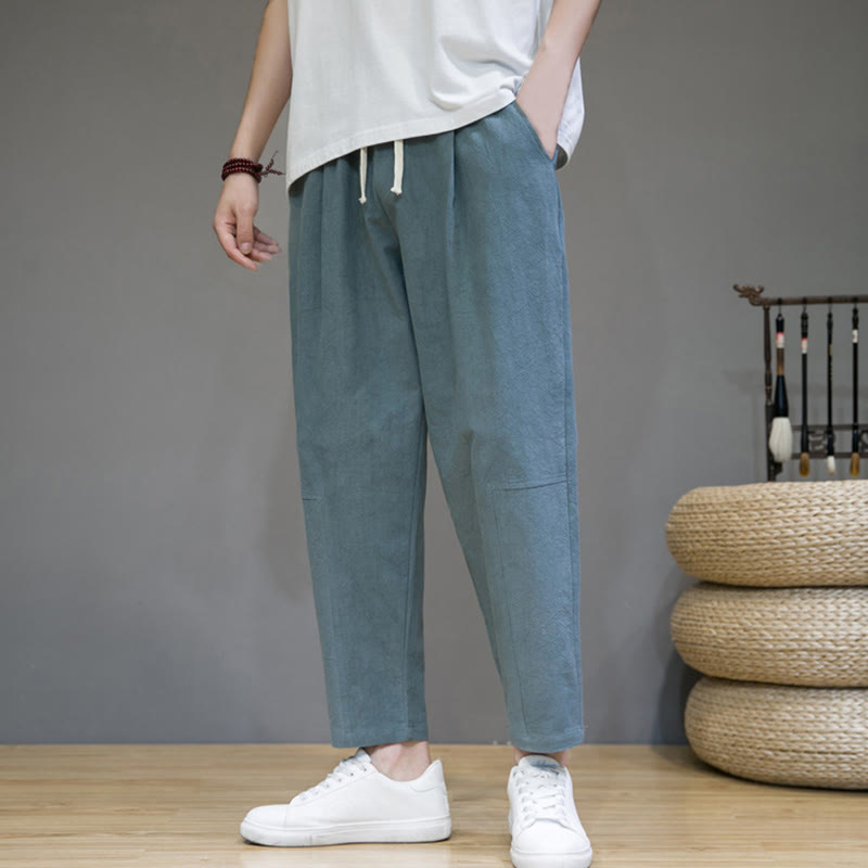 Buddha Stones Casual Pure Color Tapered Design Men's Cotton Linen Drawstring Pants With Pockets - LightSeaGreen - US/UK/AU46,EU56 (5XL) - image 1
