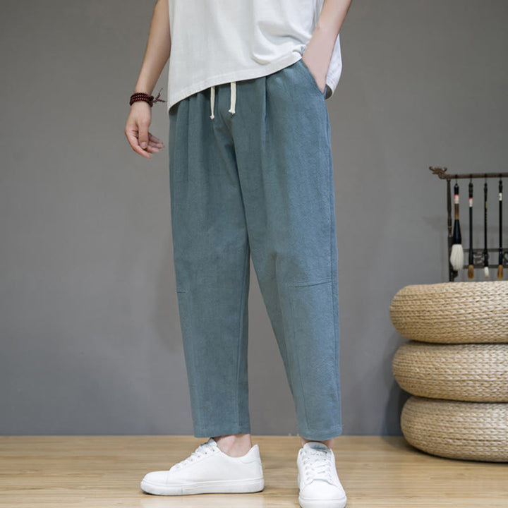 Buddha Stones Casual Pure Color Tapered Design Men's Cotton Linen Drawstring Pants With Pockets - LightSeaGreen - US/UK/AU46,EU56 (5XL) - image 1