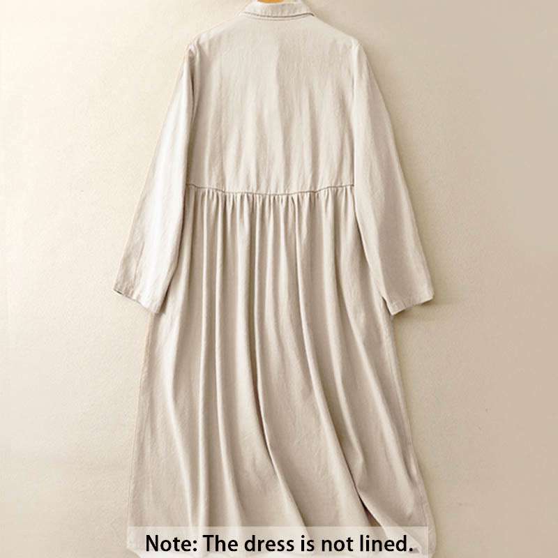 Buddha Stones Commute Long Sleeve Pure Color Button Design Lapel Cotton Midi Dress - image 1