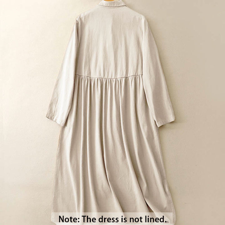 Buddha Stones Commute Long Sleeve Pure Color Button Design Lapel Cotton Midi Dress - image 1